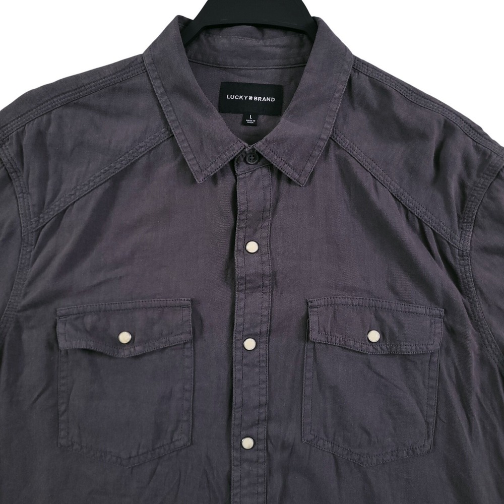 Lucky Brand Shirt Mens L Gray Western Twill Short Sleeve Pearl Snap Rick Grimes